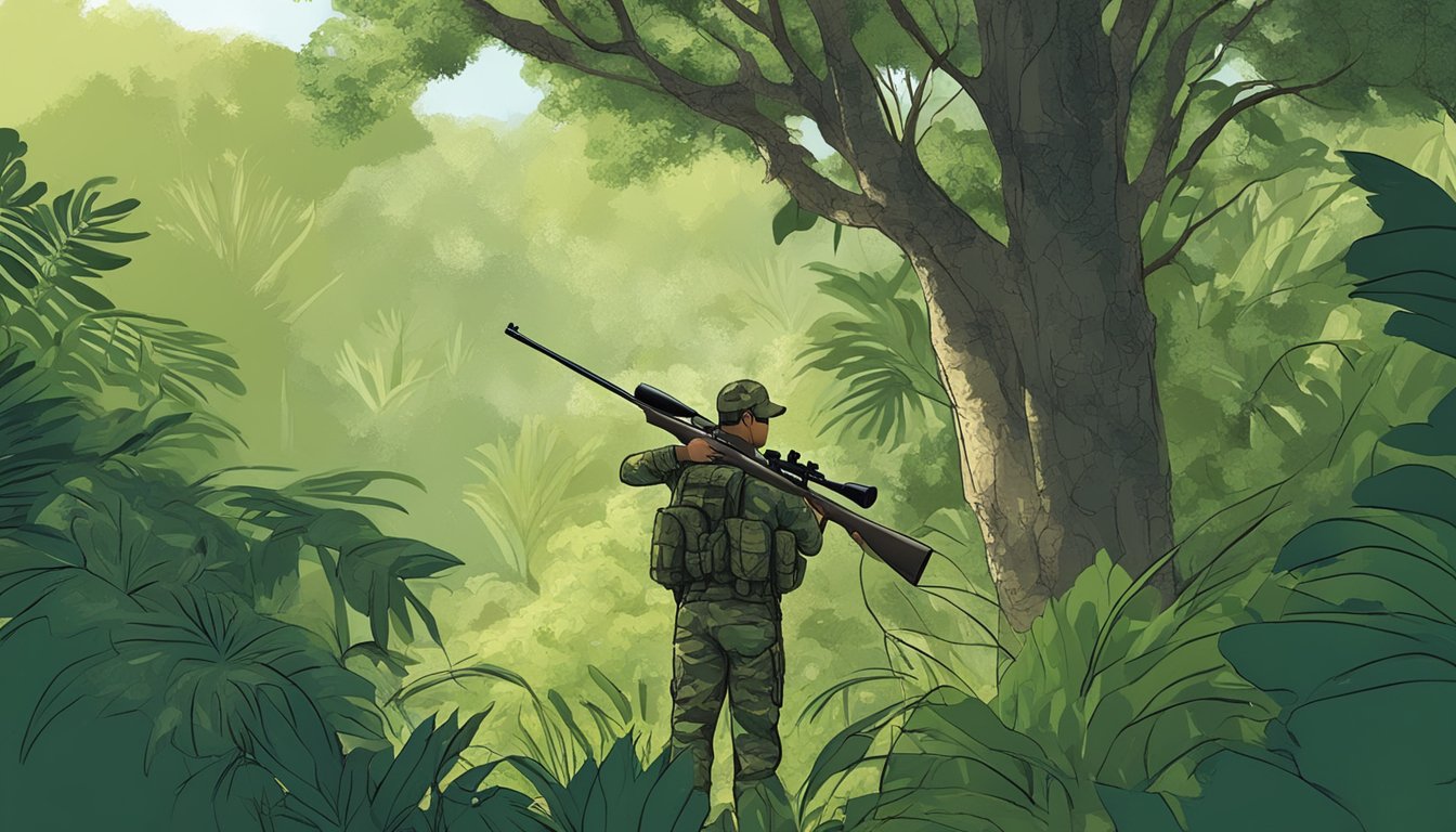 A hunter in camouflage gear stands in a lush forest, holding a rifle and scanning the surroundings for game. A map of hunting leases in Puerto Rico is pinned to a nearby tree