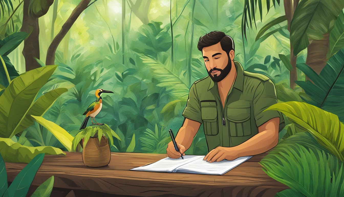 A hunter in a lush Puerto Rican forest, signing a lease agreement with a landowner, surrounded by tropical flora and wildlife