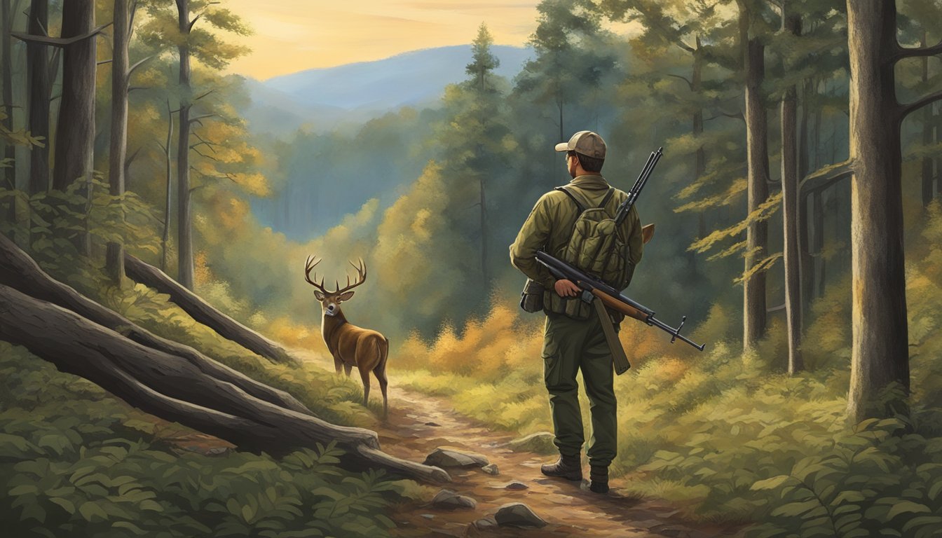 A hunter in Tennessee stalking deer in the woods, with a rifle in hand, surrounded by dense forest and wildlife