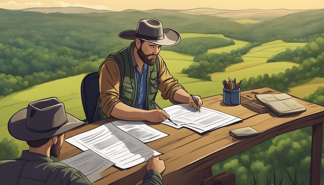 A hunter in Texas signing a lease agreement with a landowner, surrounded by rolling hills and dense forest