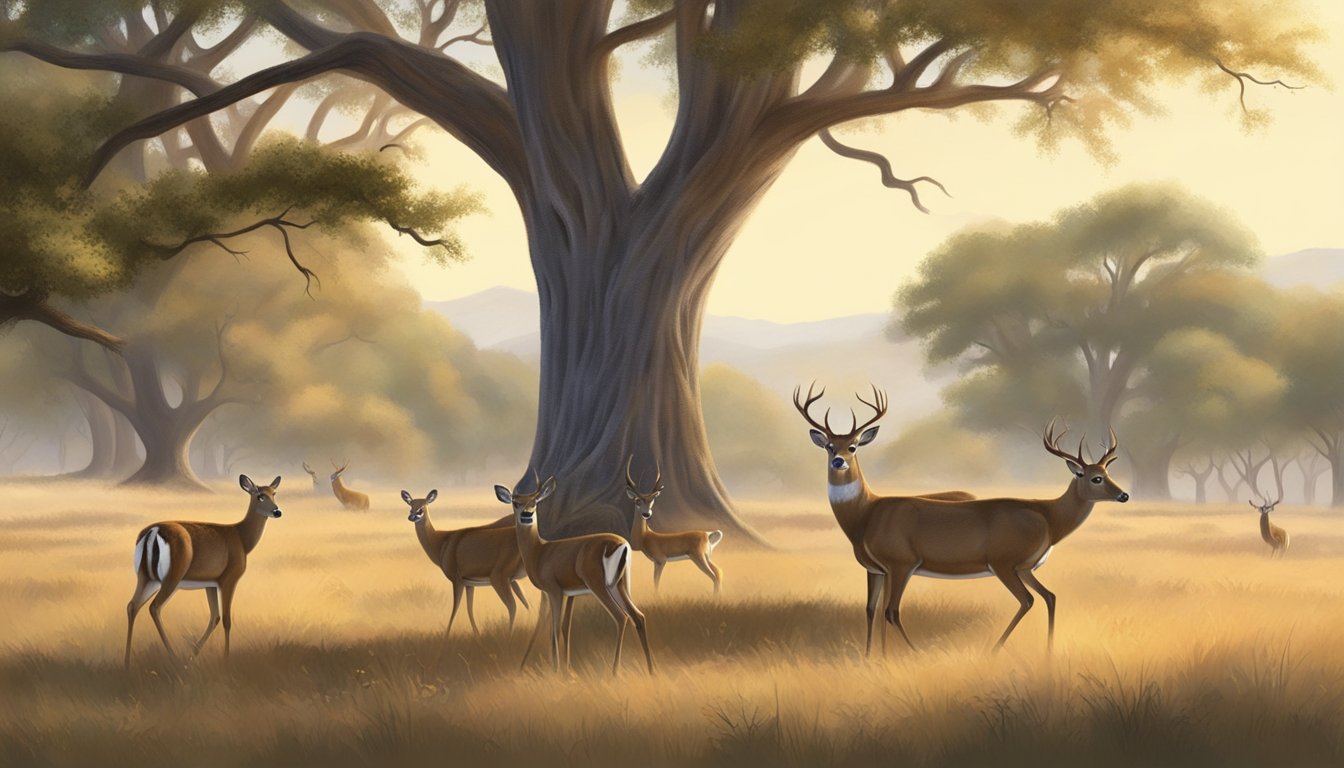 A group of white-tailed deer cautiously graze in a sun-drenched clearing, surrounded by dense oak and mesquite trees