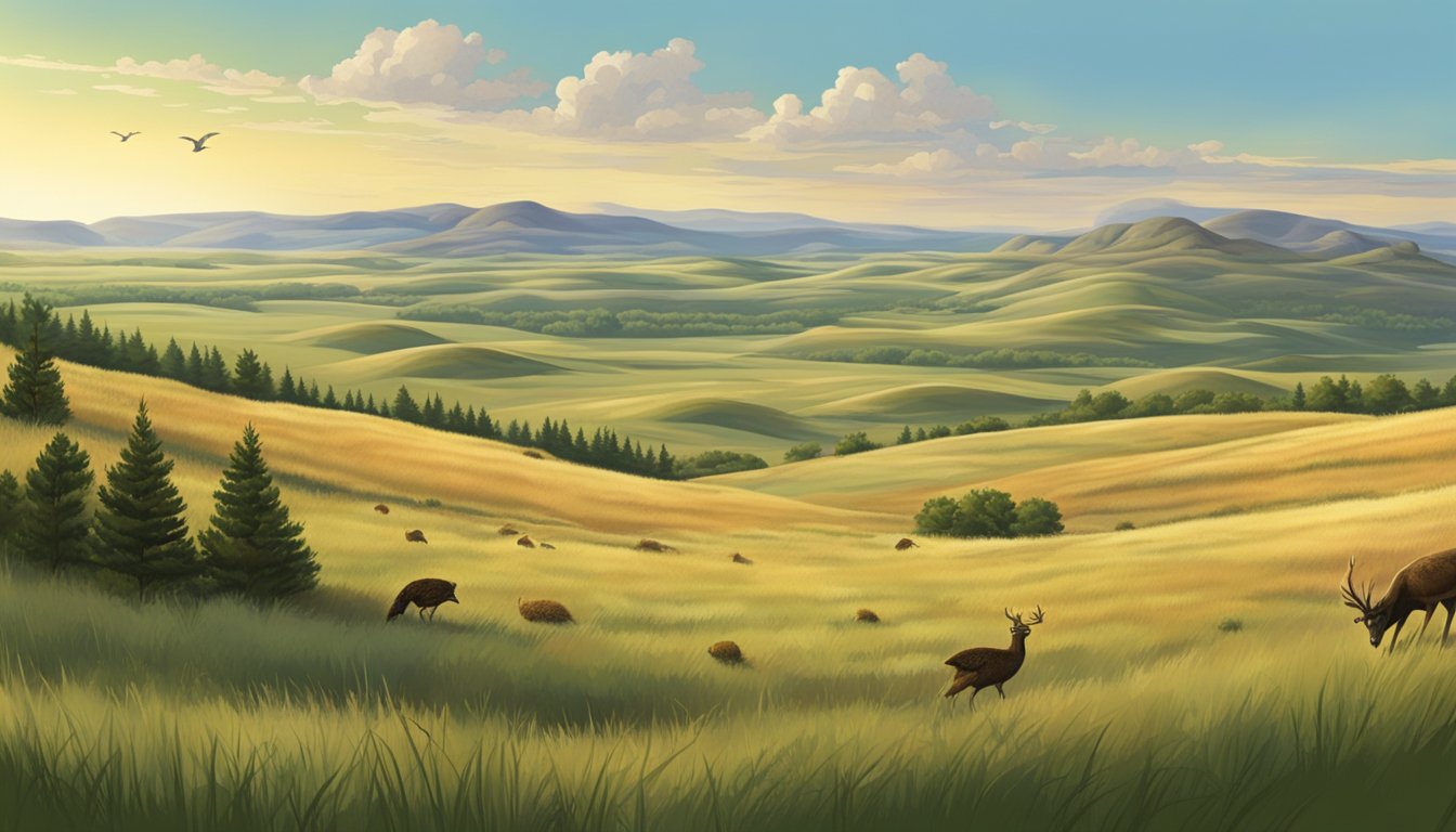 A vast South Dakota landscape with rolling hills, grassy plains, and scattered trees. Wildlife such as deer, pheasants, and turkeys roam freely in their natural habitat