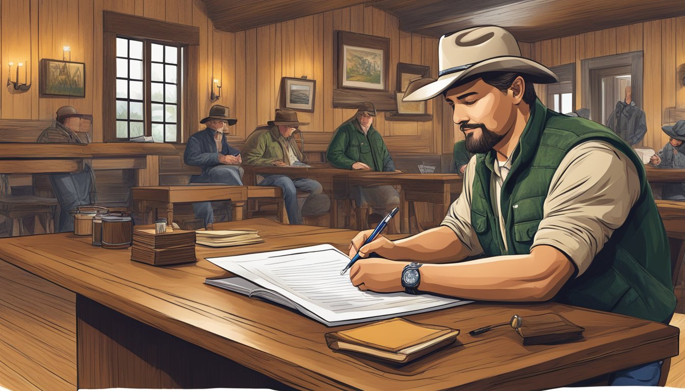 A hunter signing a lease agreement in a Texas hunting lodge