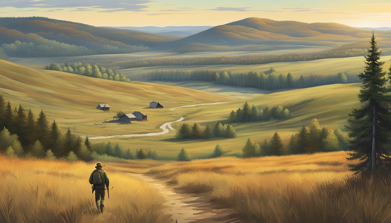 A hunter walking through a vast South Dakota hunting lease, surrounded by rolling hills and dense forests, with various amenities such as blinds and feeders scattered throughout the landscape