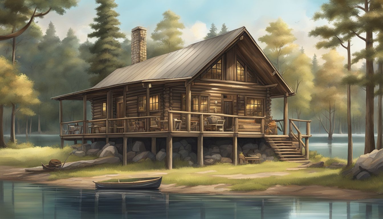 A rustic cabin nestled in the Texas wilderness, surrounded by tall trees and a serene lake, with hunting gear and amenities scattered around