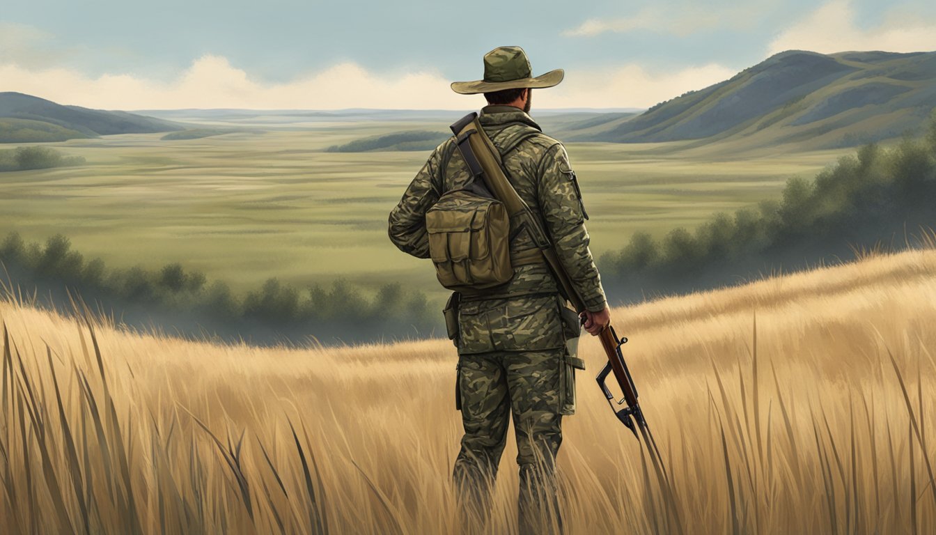 A hunter in camouflage gear stands in a vast South Dakota field, surrounded by tall grass and rolling hills, with a shotgun in hand