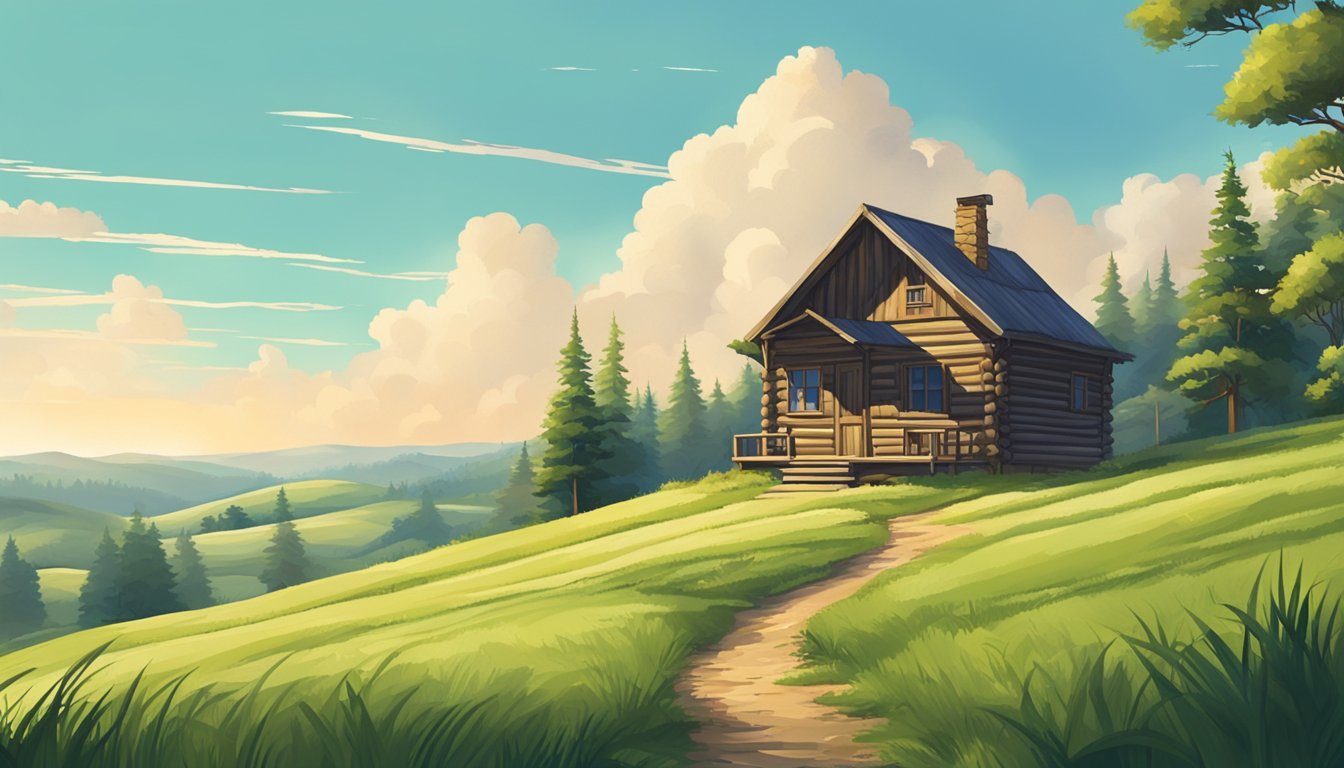 A serene landscape with rolling hills, lush green fields, and a clear blue sky. A small hunting cabin sits nestled in the distance, surrounded by tall trees