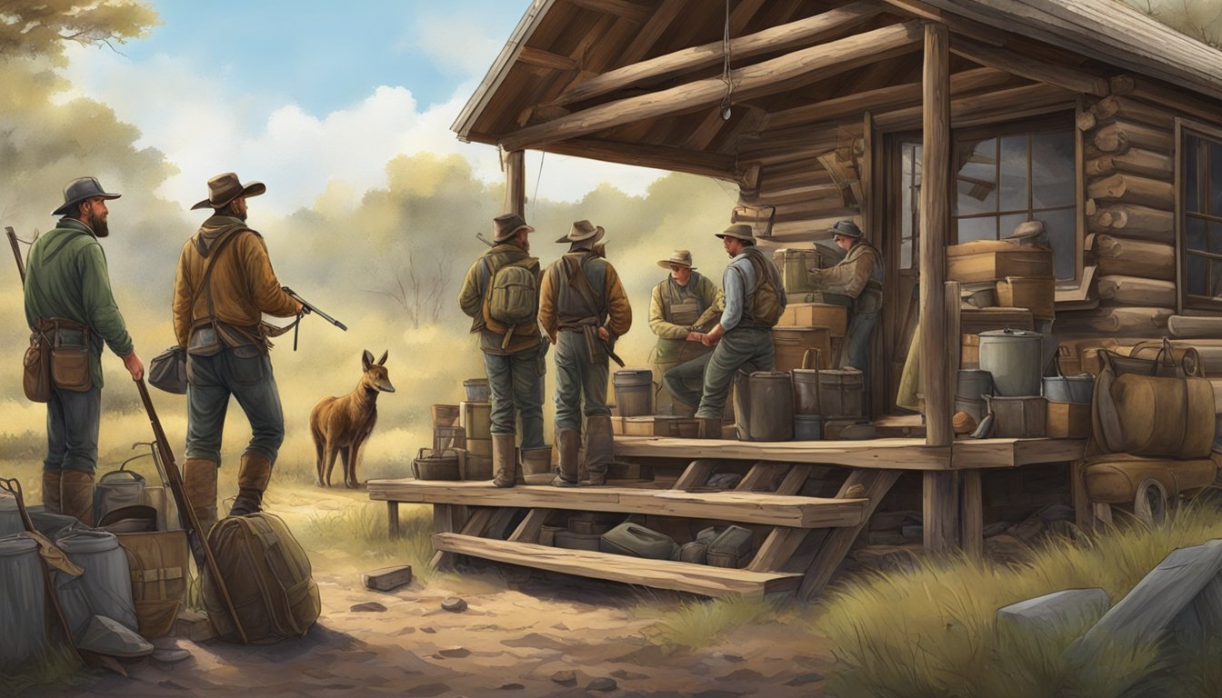 A group of hunters gather around a rustic cabin in the Texas wilderness, unloading gear and preparing for a day of hunting on their leased land