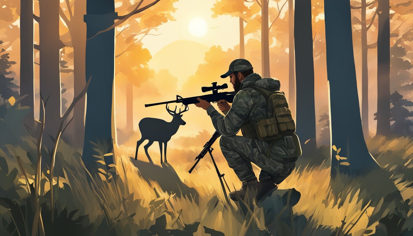 A hunter in camouflage gear aims a rifle at a deer in a wooded area. The sun sets behind the trees, casting long shadows