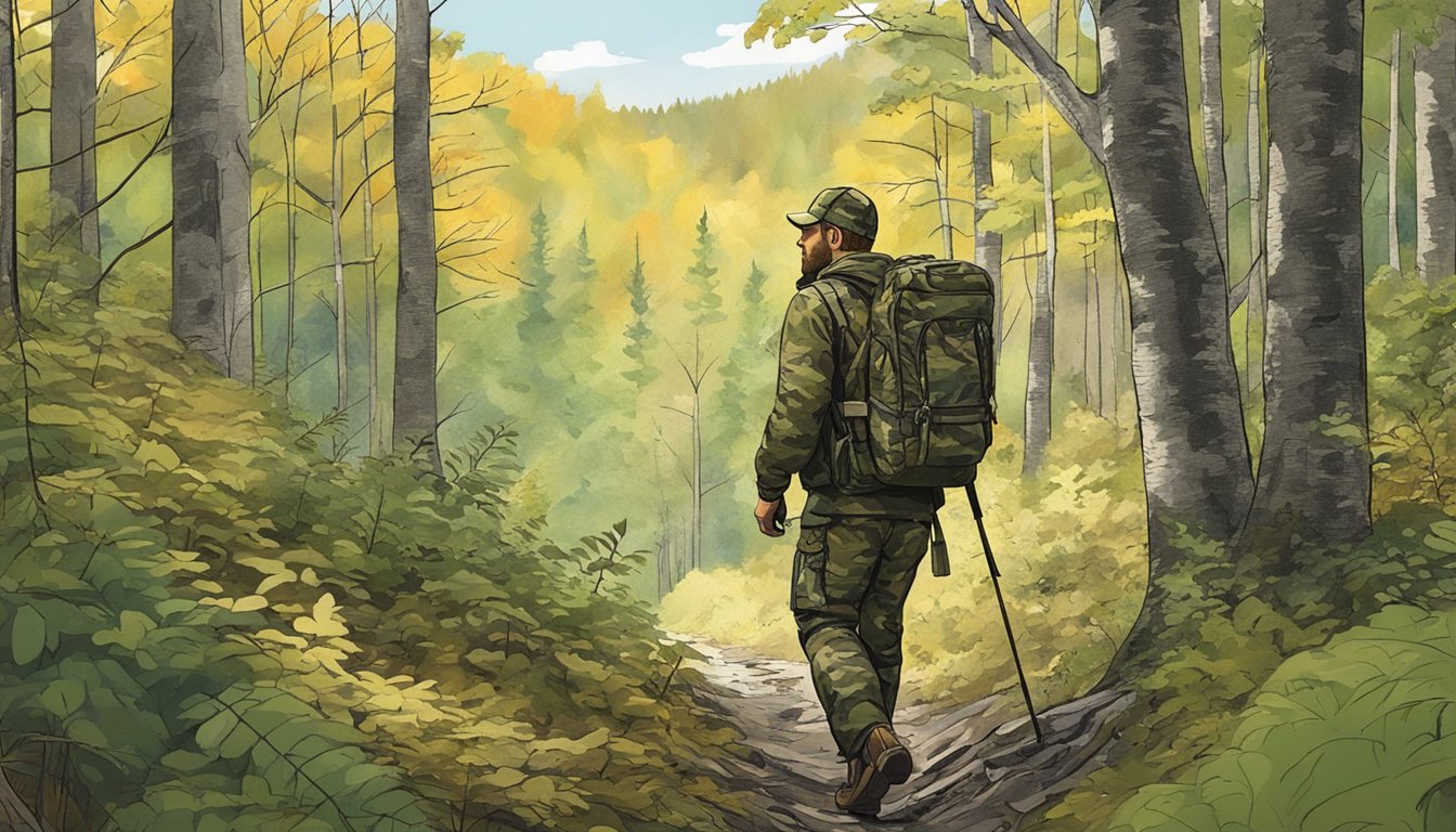 A hunter in camouflage gear walks through a dense forest, surveying potential hunting lease opportunities in the picturesque Vermont wilderness