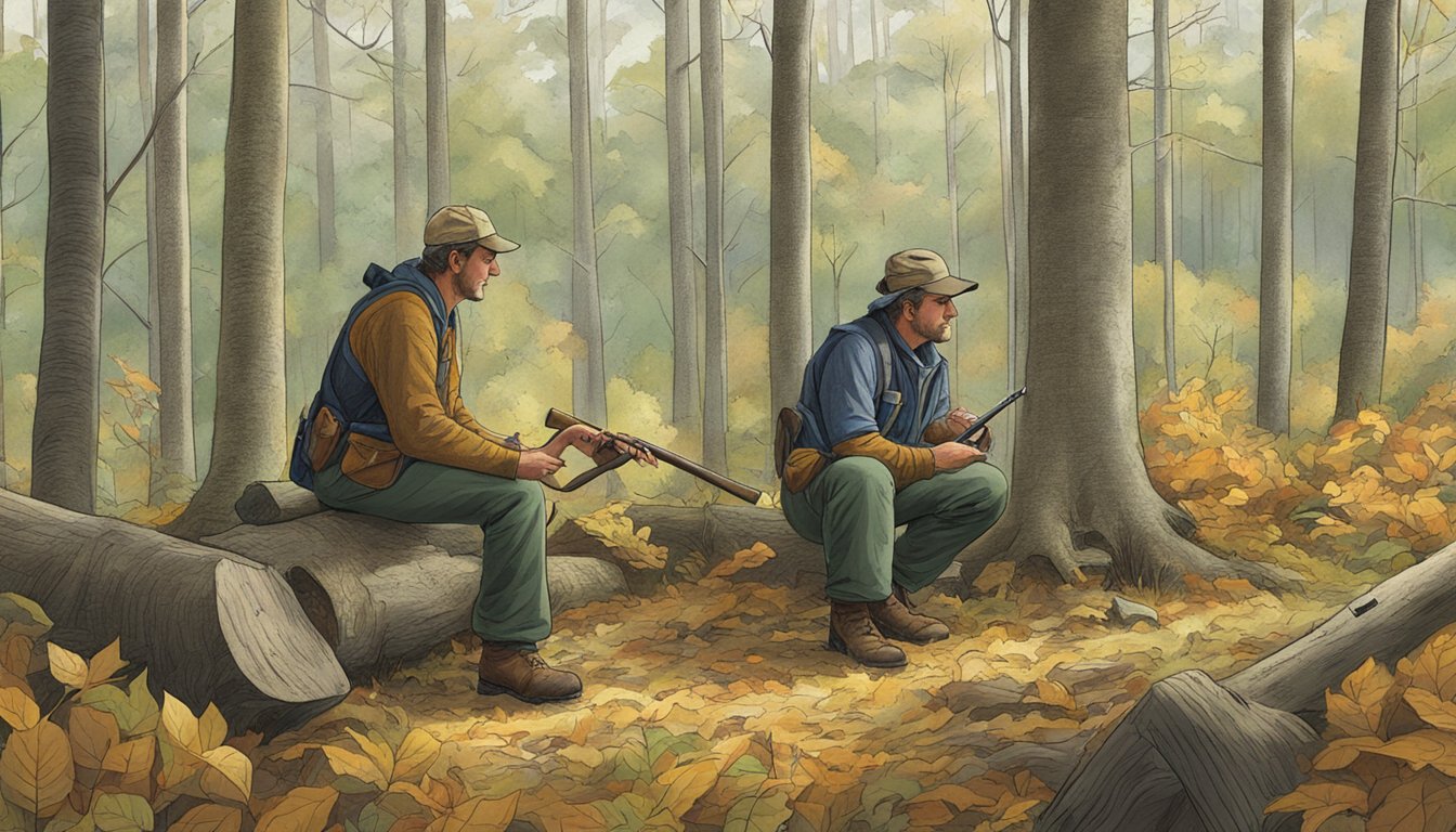 A landowner and hunter discussing hunting lease terms in a Vermont woodland clearing