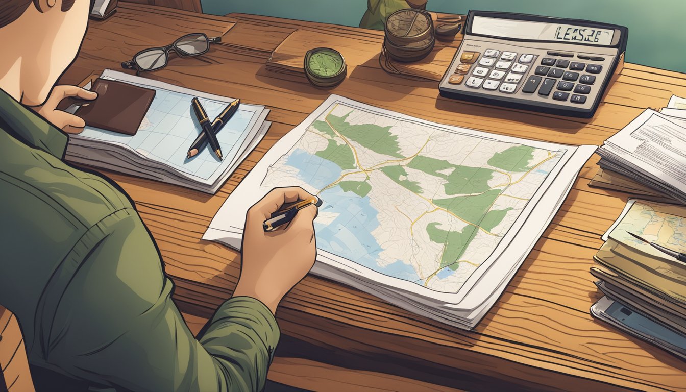 A hunter reviewing lease documents with a pen and calculator on a wooden desk with a map of Vermont in the background