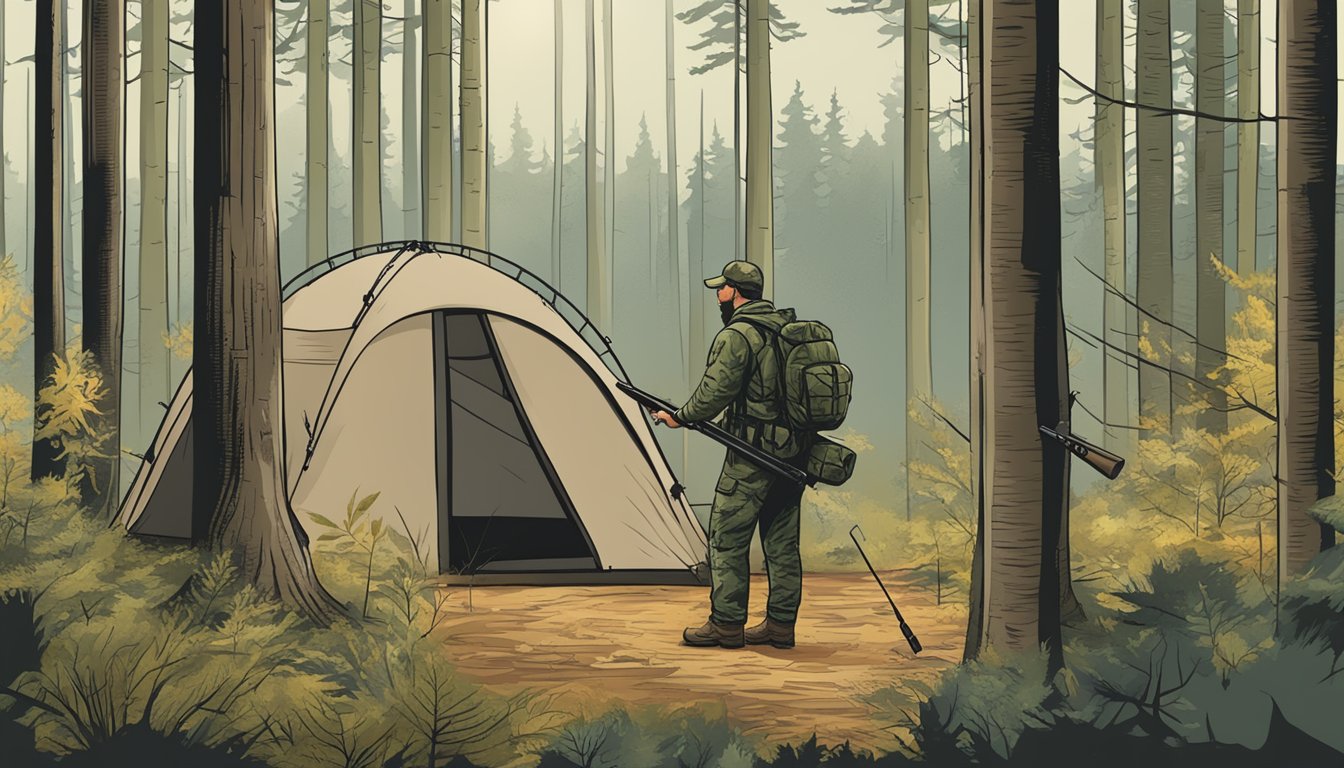 A hunter setting up a blind in a wooded area, with a sign indicating a hunting lease in Washington state