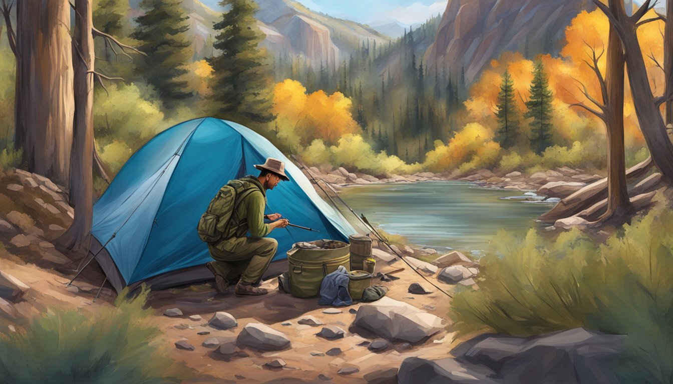 A hunter setting up camp in a secluded Utah forest, surrounded by rugged mountains and a clear stream