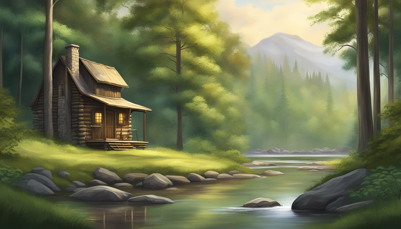 A serene forest clearing with a small cabin, a hunting blind, and a tranquil stream, surrounded by lush greenery and tall trees