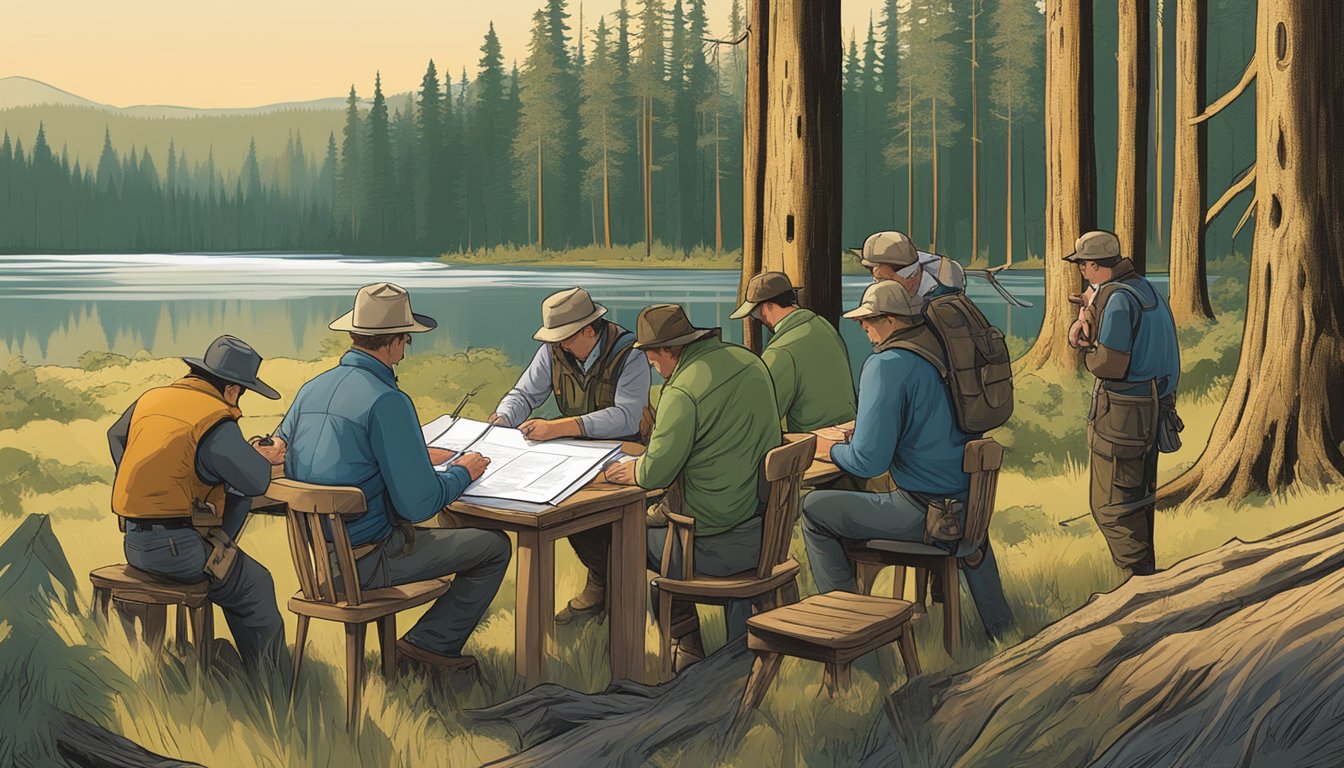 A group of hunters signing lease documents in a wooded area with a Washington state map in the background