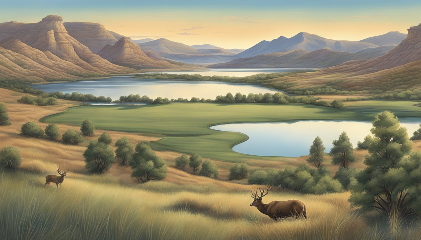 A serene landscape in Utah, with rolling hills, a tranquil lake, and diverse wildlife, showcasing the balance between conservation and ethical hunting leases