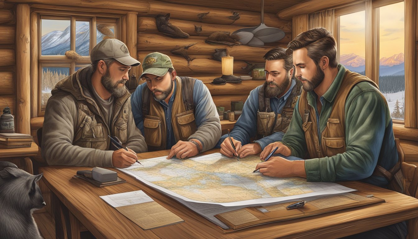 A group of hunters signing lease agreements in a Utah hunting lodge, surrounded by maps and wildlife imagery