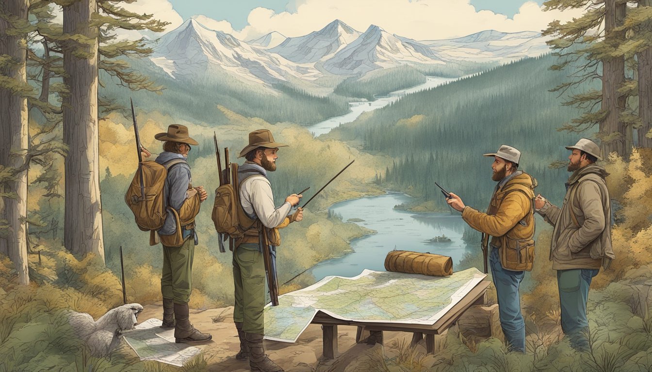 A group of hunters gather around a map of Washington, pointing to various hunting leases and discussing their upcoming trip