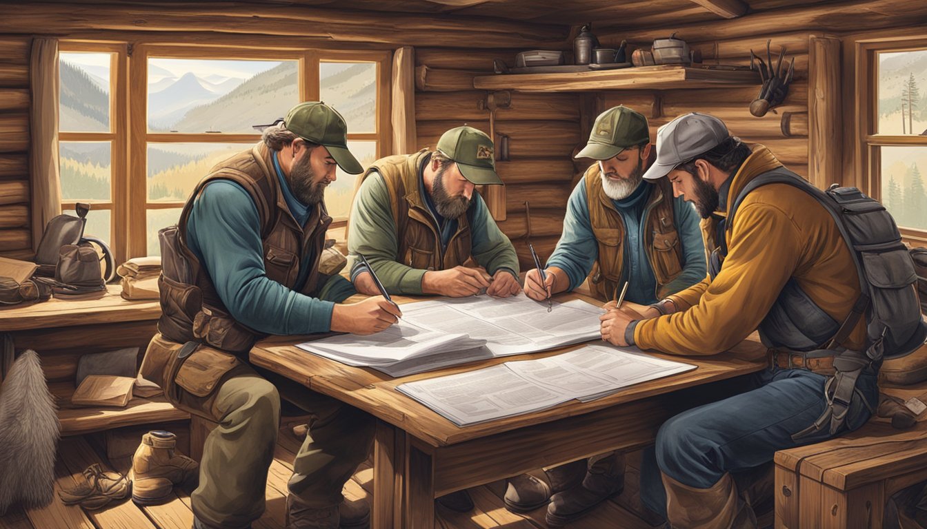 A group of hunters signing a lease agreement in a rustic cabin, surrounded by hunting gear and maps of hunting grounds in Utah