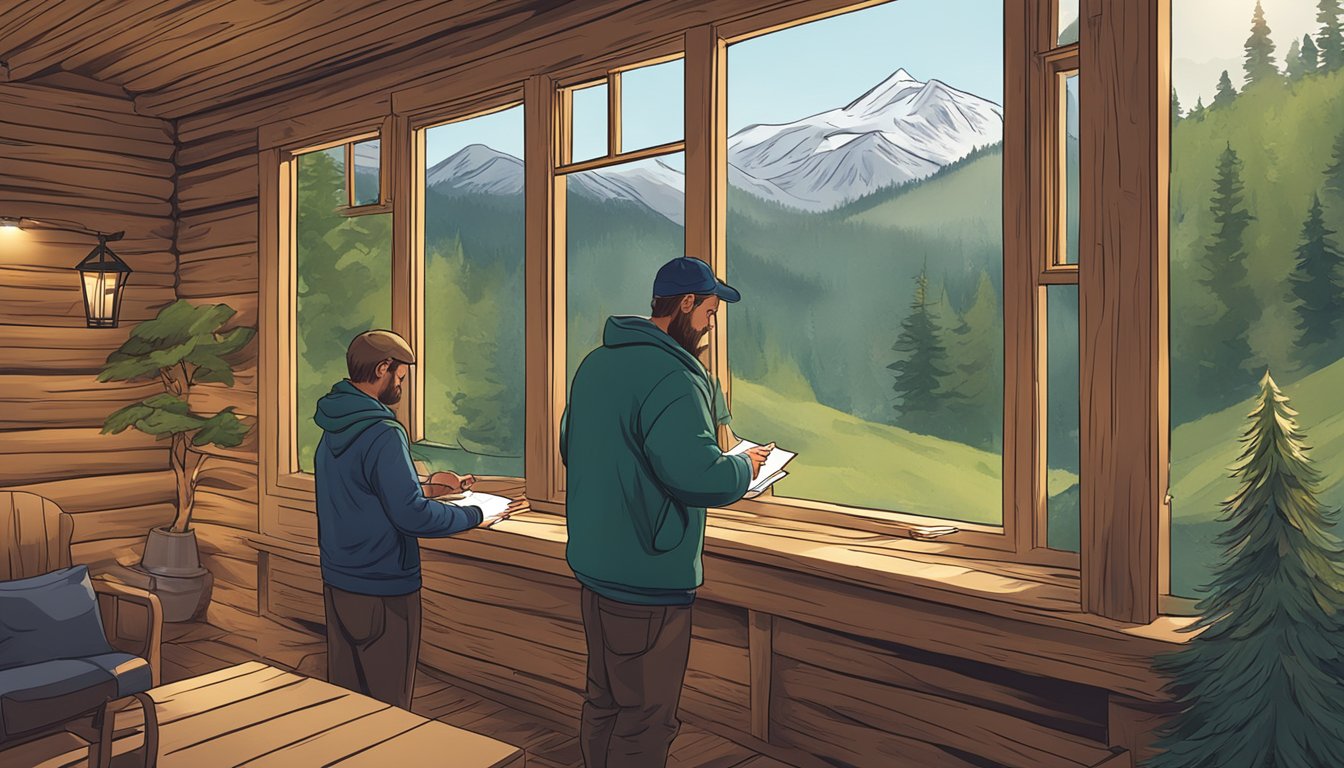 A hunter signing a lease agreement in a cozy Vermont cabin, surrounded by snowy mountains and dense forest