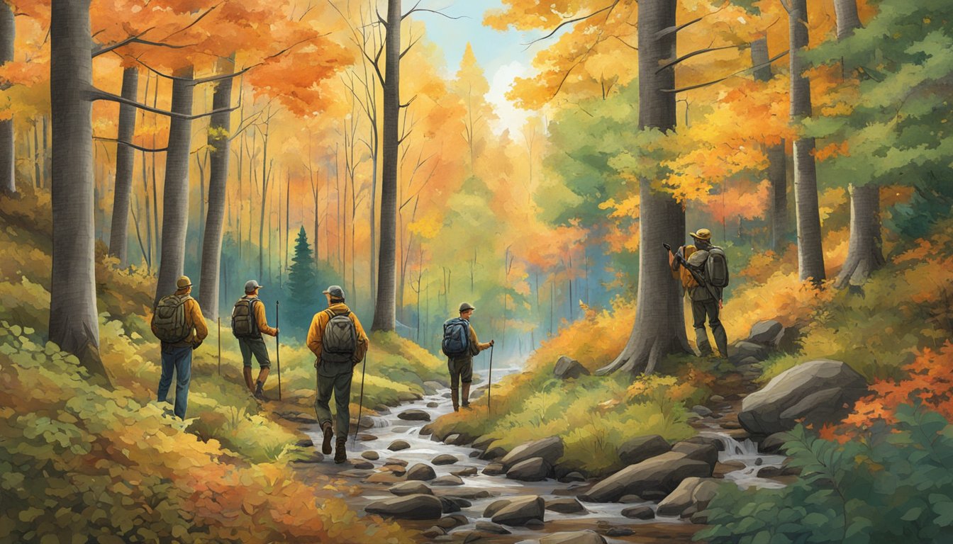 A group of hunters exploring a dense forest in Vermont, with colorful foliage and wildlife surrounding them