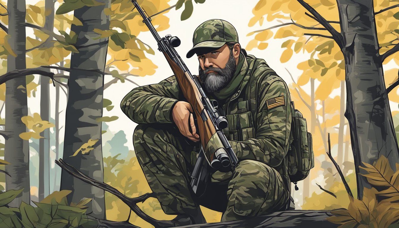 A hunter in camouflage quietly waits in a tree stand overlooking a dense forest, with a rifle at the ready