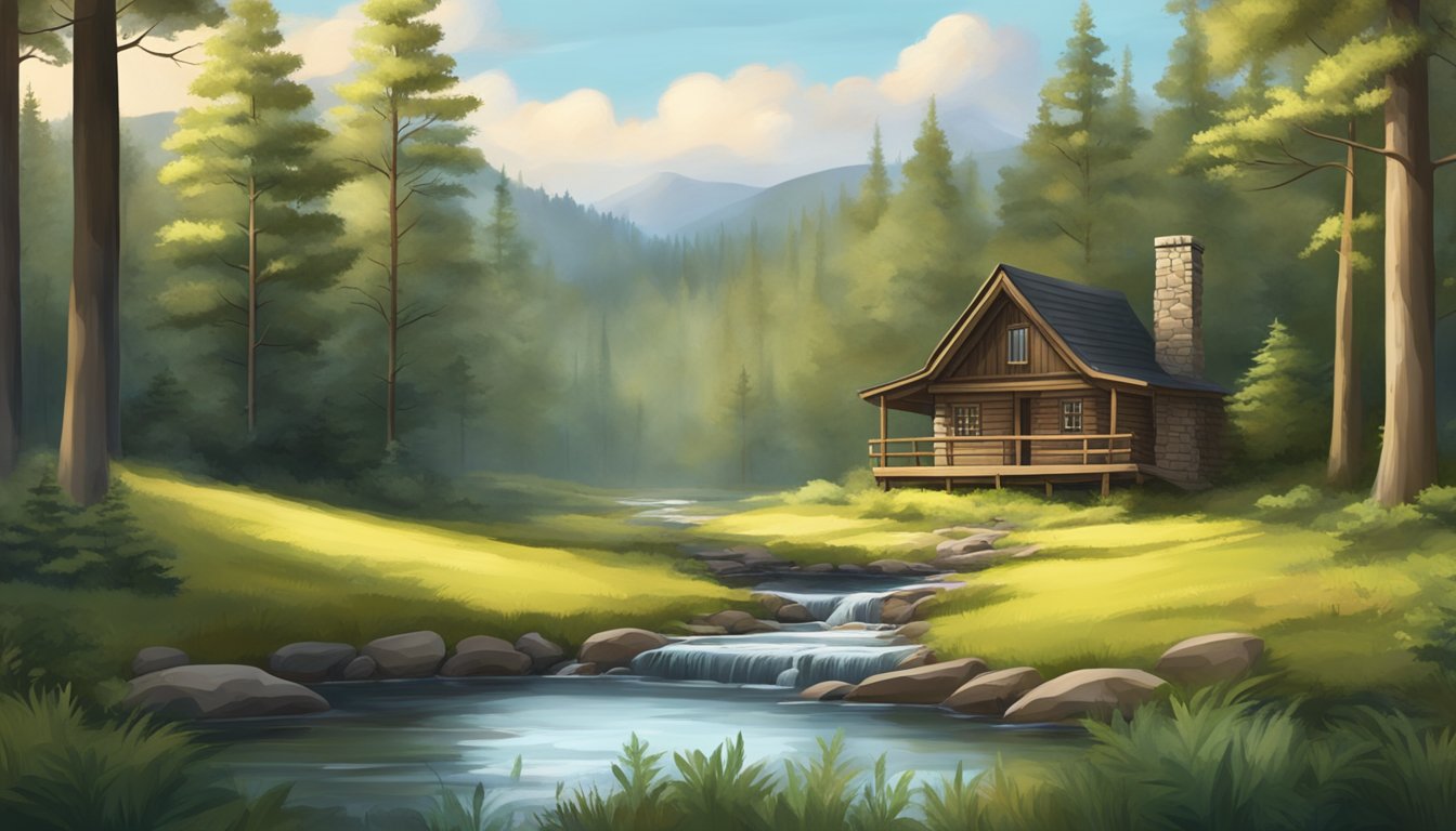 A serene forest clearing with a small wooden hunting cabin, surrounded by tall trees and a stream running through the background