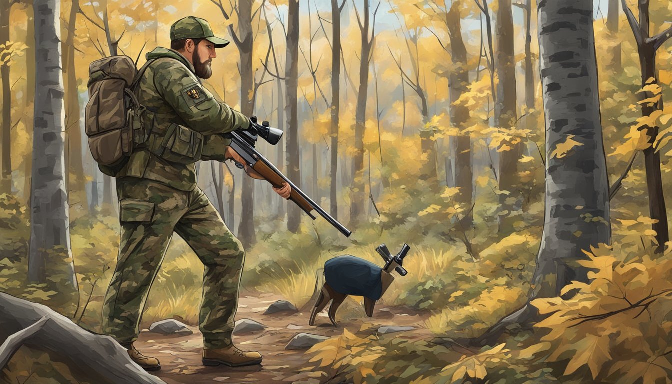 A hunter in camouflage stands in a wooded area, rifle in hand, scanning the trees for game. A sign nearby lists the types of game and hunting seasons in West Virginia