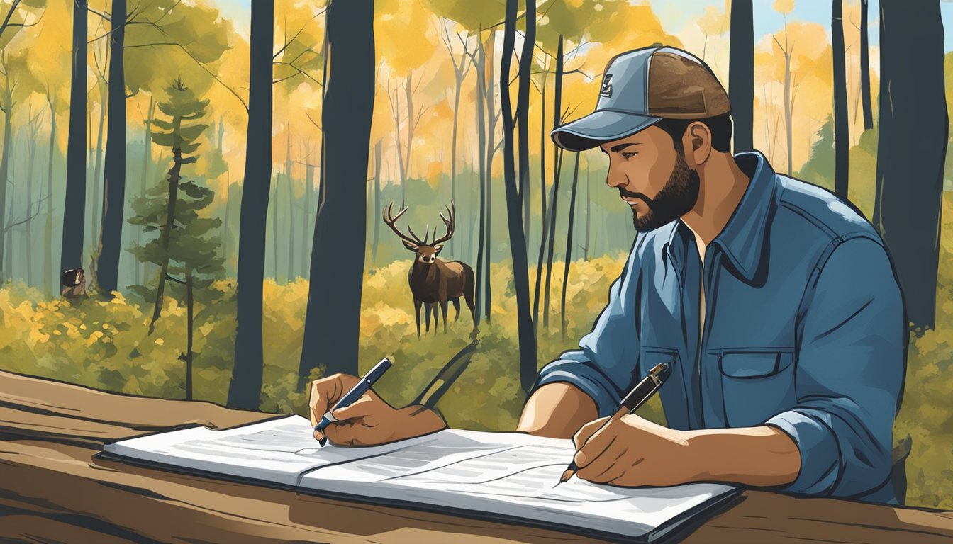 A hunter in Virginia signing a lease agreement with a landowner, surrounded by wooded hunting grounds and a clear blue sky