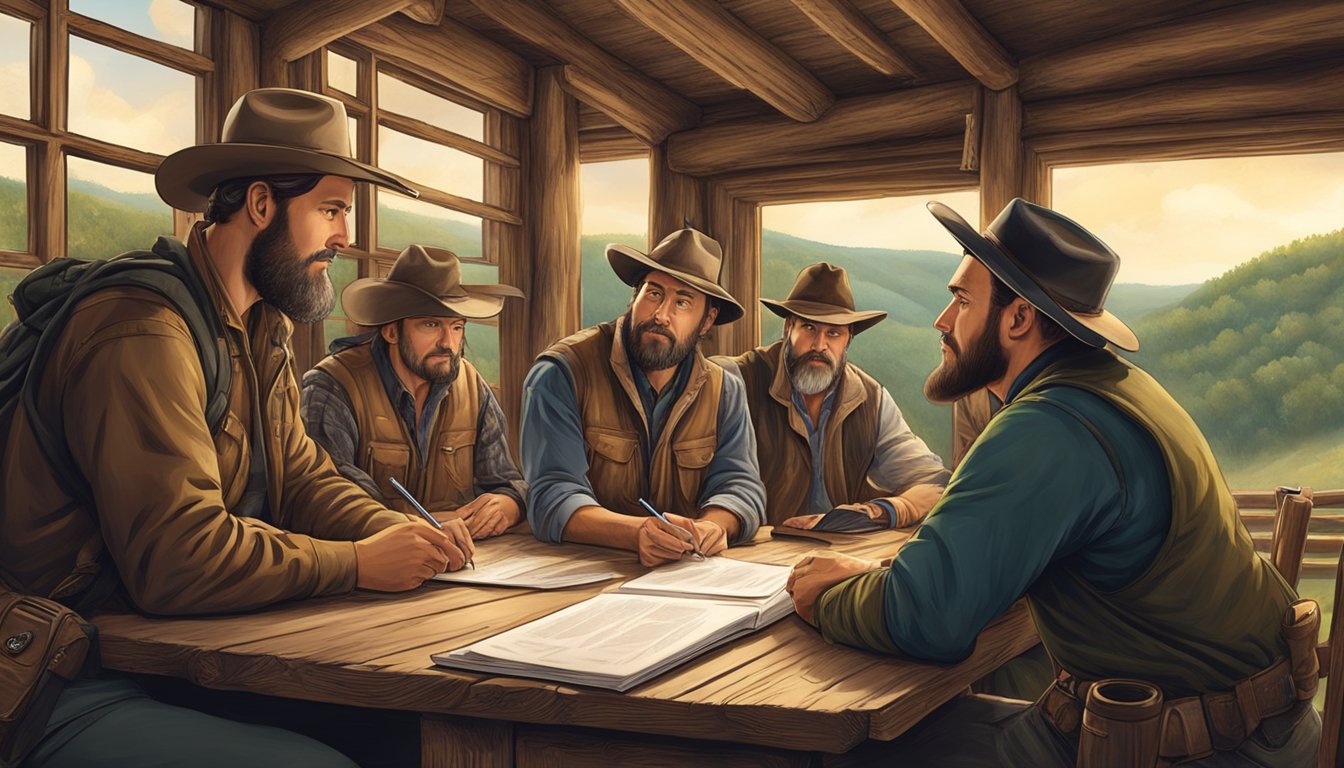 A group of hunters discussing and signing paperwork in a rustic cabin surrounded by the rolling hills of West Virginia