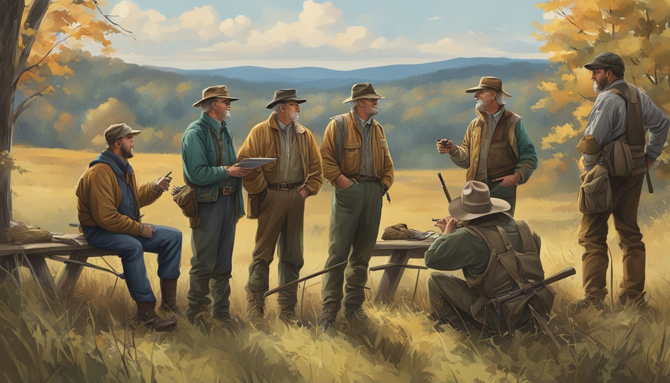 A group of hunters and landowners discussing terms and conditions for a hunting lease in the Virginia countryside