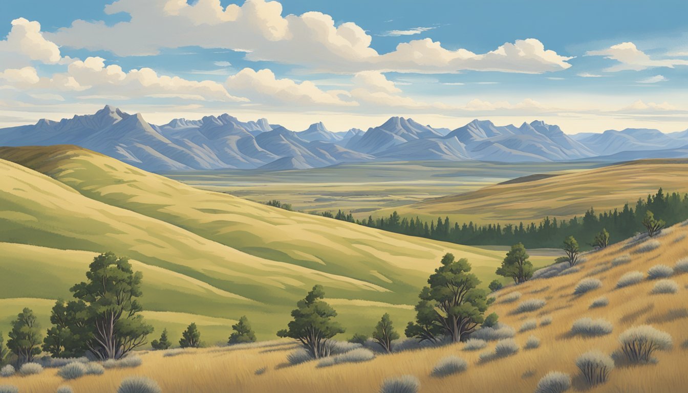 Rolling hills, grassy plains, and rugged mountains make up Wyoming's hunting landscape. Sparse trees dot the terrain, and a clear blue sky stretches overhead