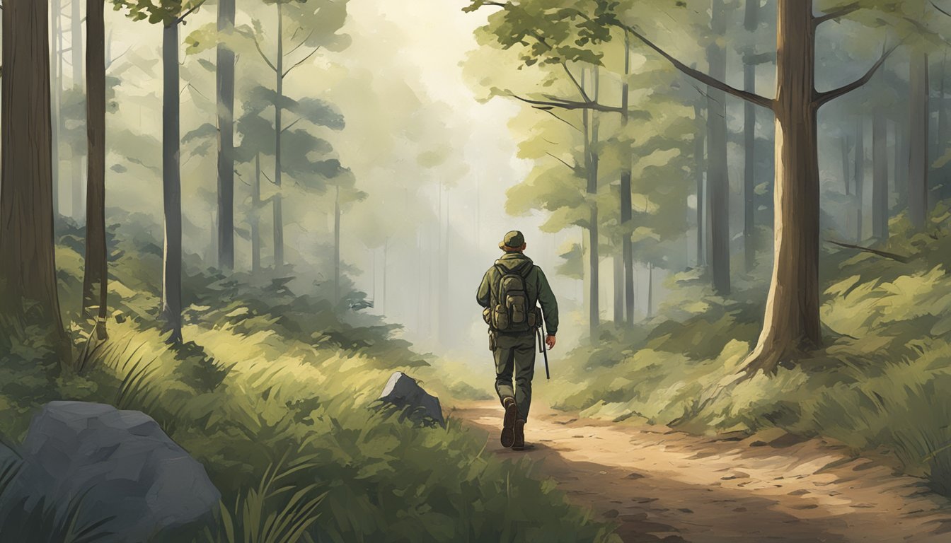 A hunter walking through a wooded area, examining the landscape and wildlife, while considering potential hunting leases in Virginia