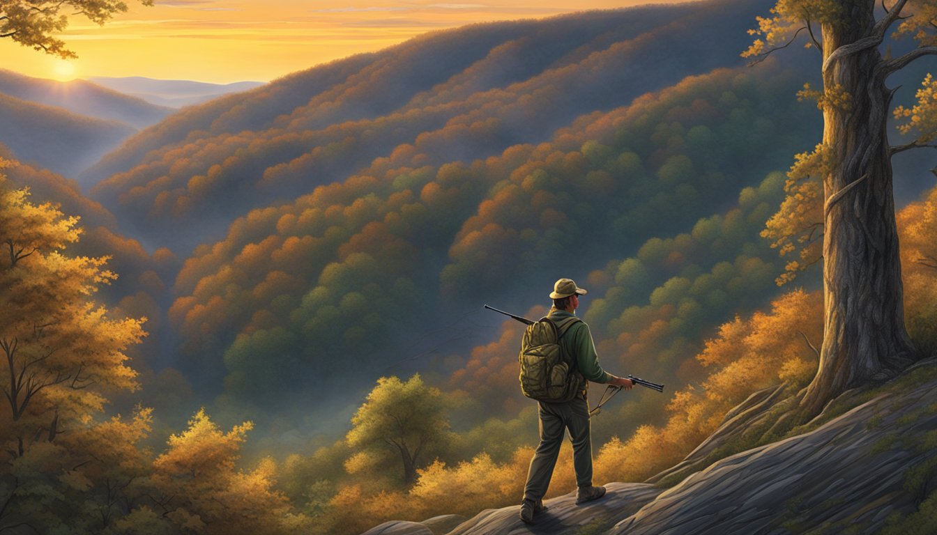 A hunter traverses through the dense, wooded hunting grounds of West Virginia, rifle in hand, as the sun sets behind the rolling hills