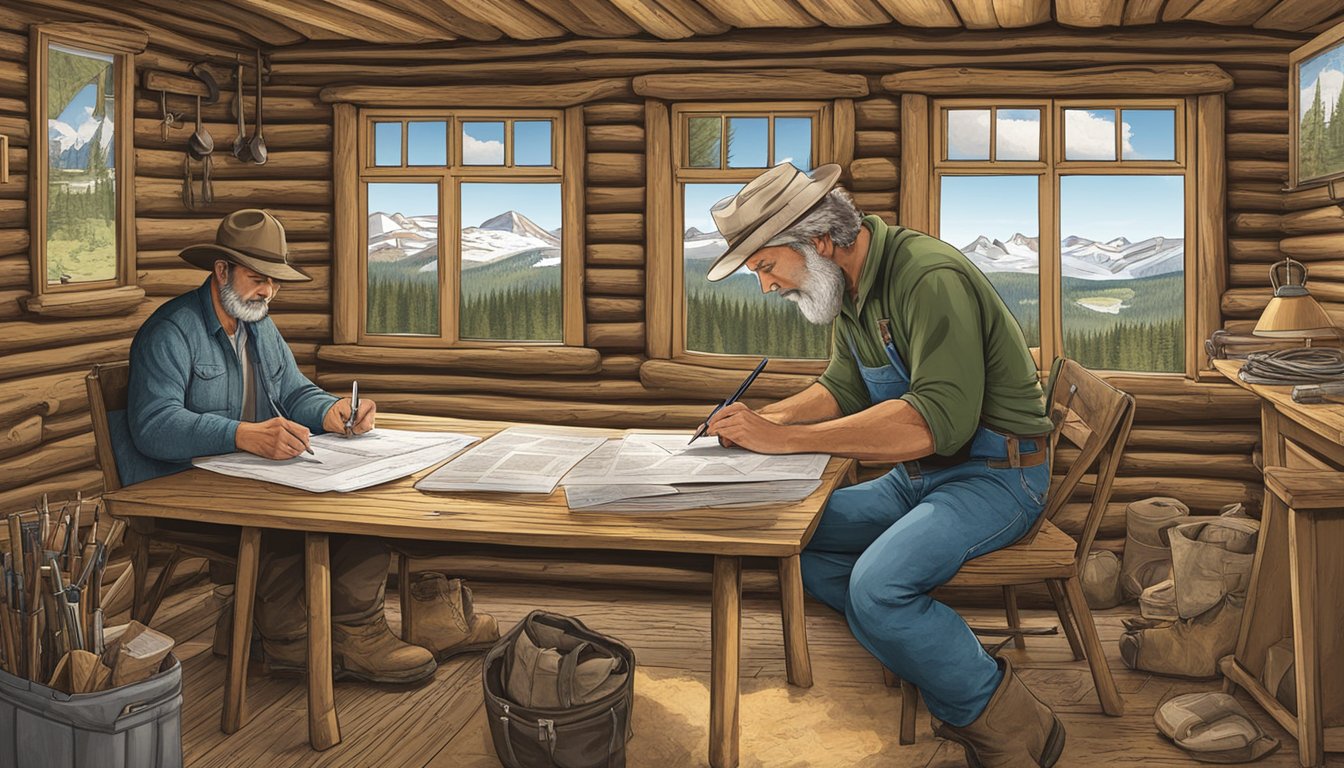 A hunter signing a lease agreement in a rustic Wyoming cabin, surrounded by hunting gear and maps of the area