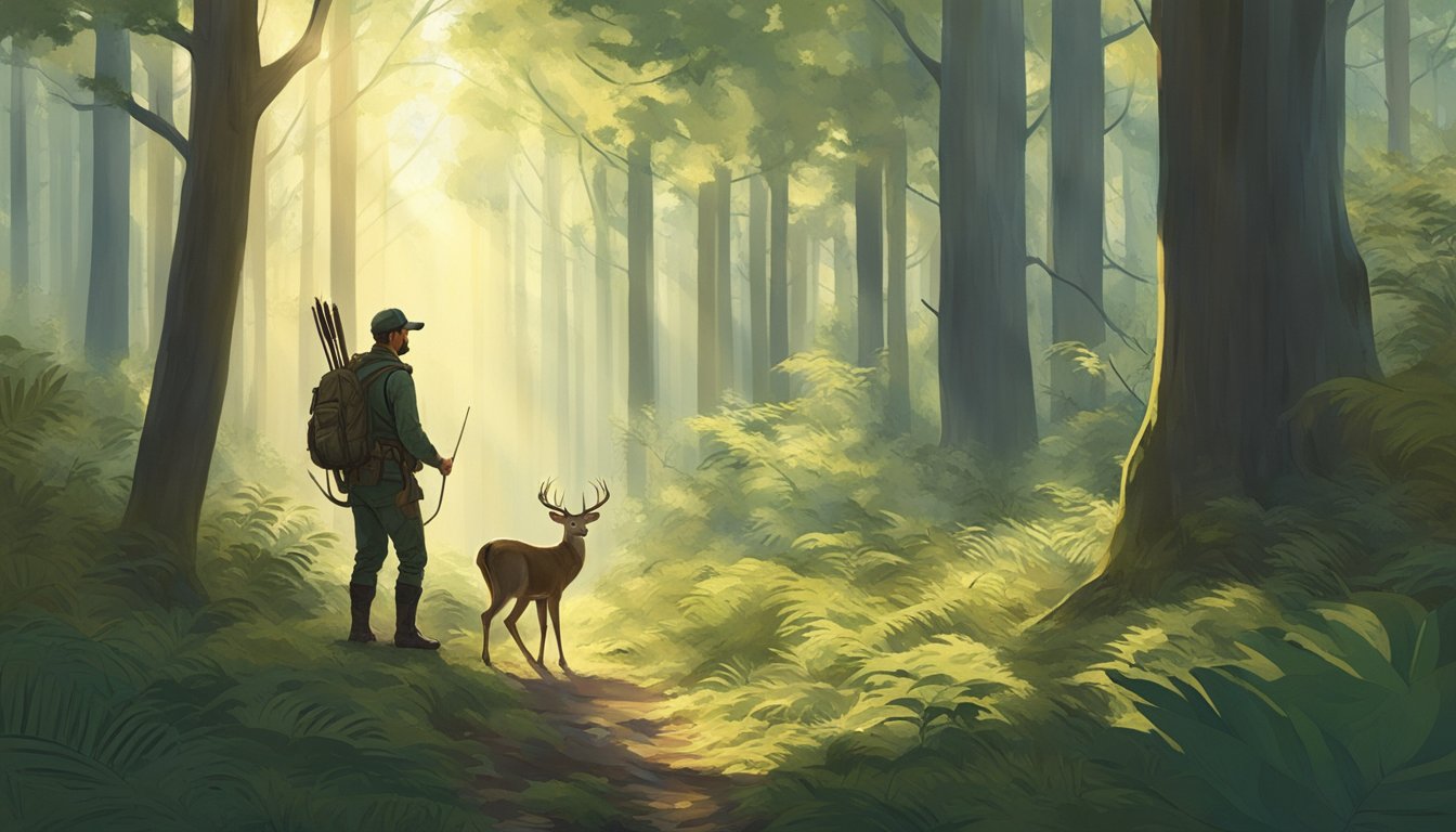 A hunter stands in a vast forest, surrounded by tall trees and dense underbrush. The sun filters through the leaves, casting dappled shadows on the forest floor. In the distance, a deer cautiously emerges from the foliage