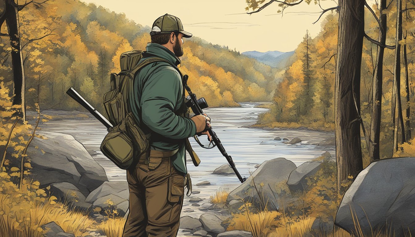 A hunter in West Virginia uses a walkie-talkie to communicate with fellow hunters while exploring potential hunting leases