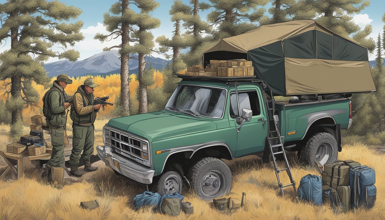 A hunter loading gear into a truck at a remote Wyoming hunting lease