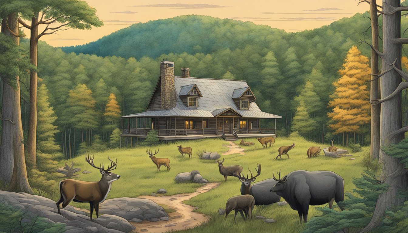 A serene forest landscape in West Virginia, with a hunting lodge, wildlife, and signs promoting conservation and ethical hunting practices