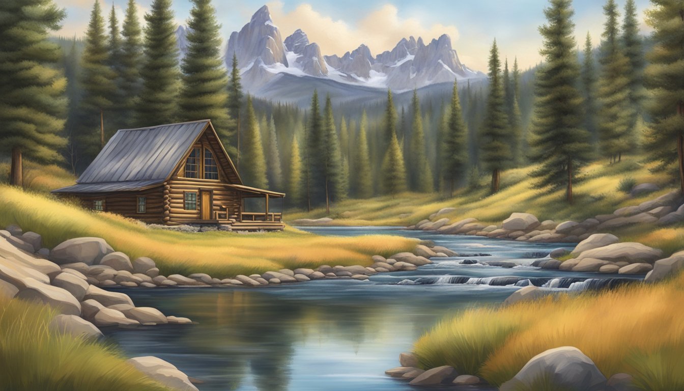 A cozy cabin nestled in the Wyoming wilderness, surrounded by rolling hills and pine trees, with a nearby stream for fishing and hunting grounds