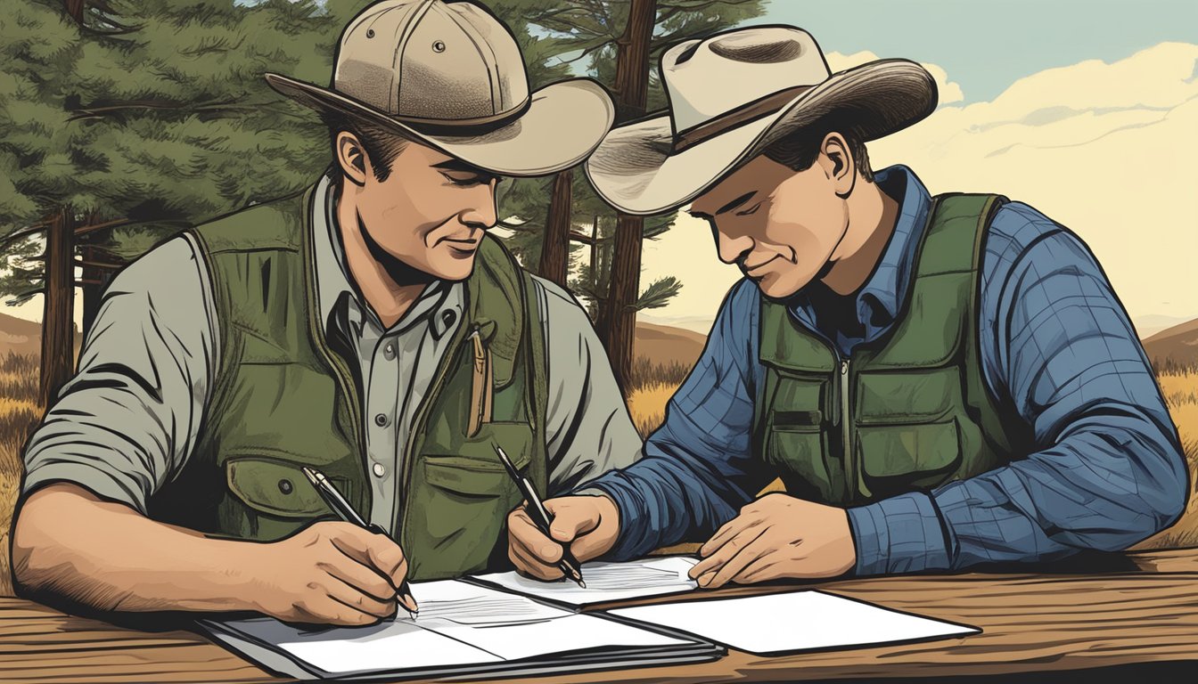 A hunter signing a lease agreement with a landowner in Wyoming