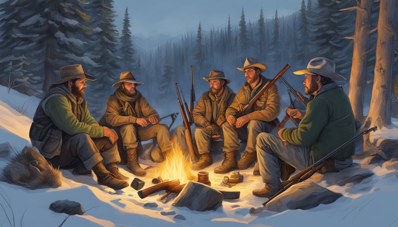 A group of hunters gather around a campfire in the Wyoming wilderness, their rifles and gear scattered around as they celebrate a successful hunt