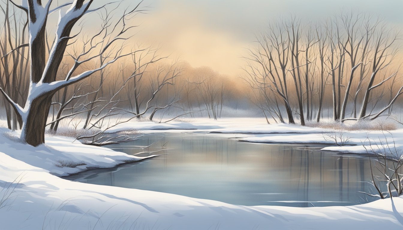 A snowy Wisconsin landscape with a hunter's blind and tracks in the snow, surrounded by bare trees and a frozen pond