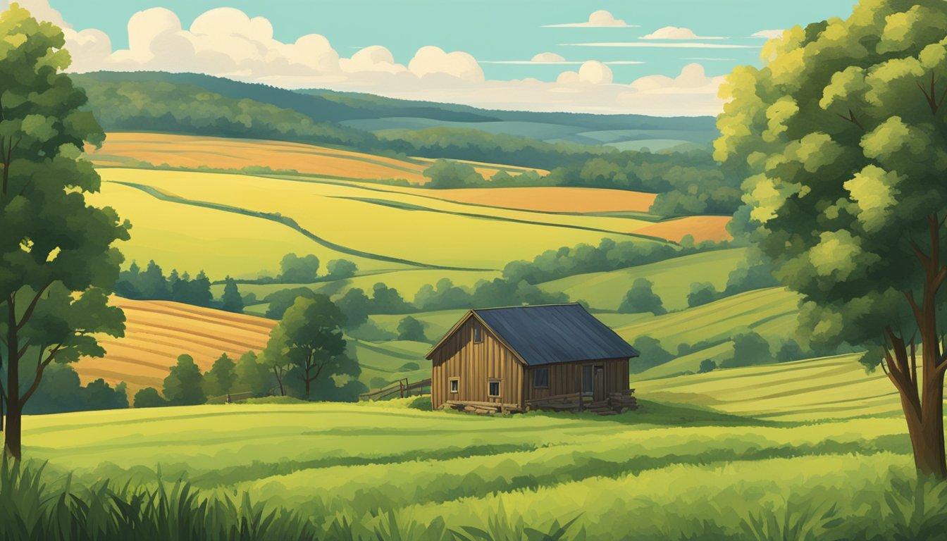 A lush Wisconsin landscape with rolling hills, fields of crops, and patches of forest, with a small hunting cabin nestled in the distance