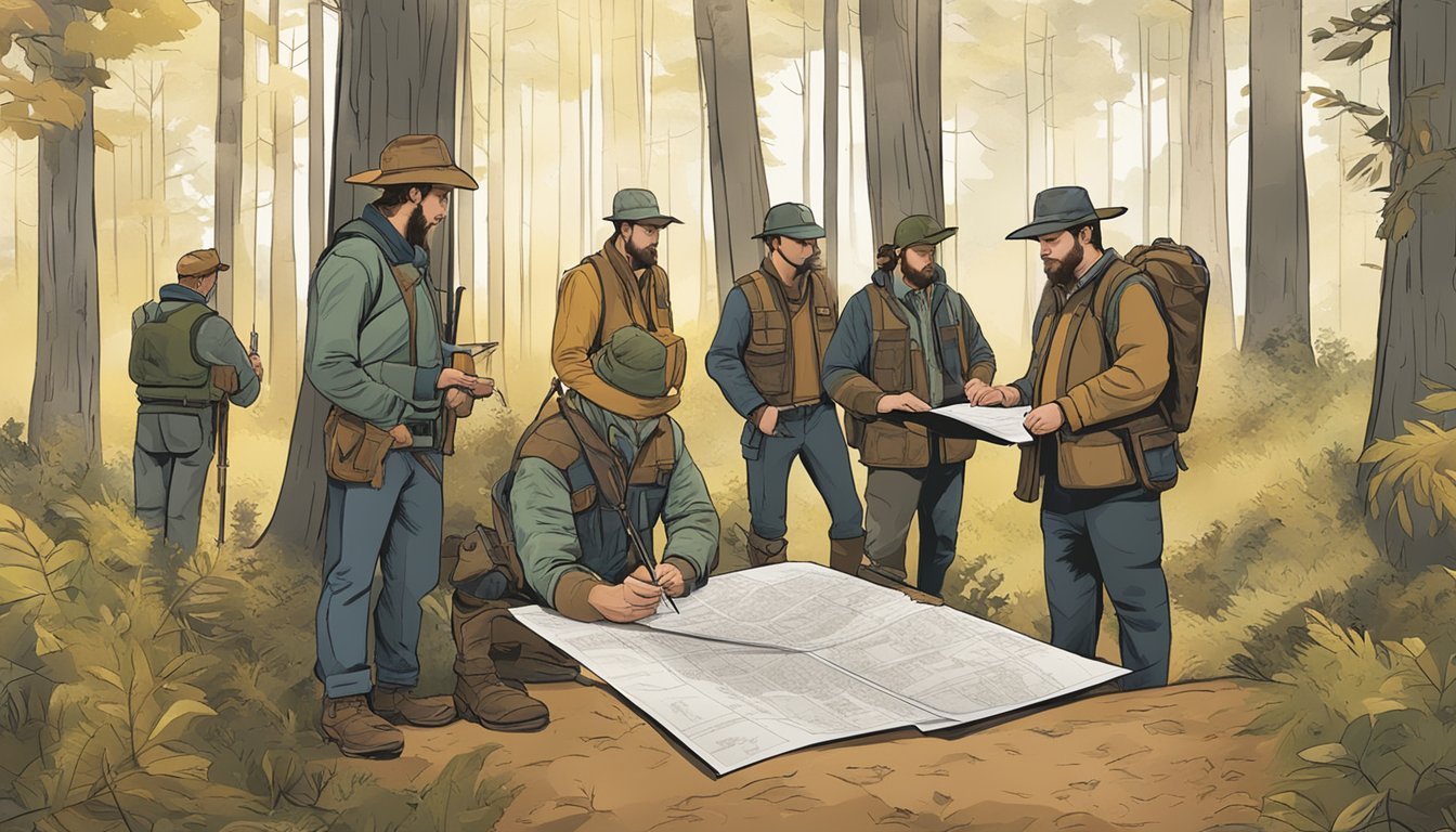 A group of hunters signing a lease agreement in a wooded area, with a map of the hunting grounds and a sign outlining legal and ethical guidelines