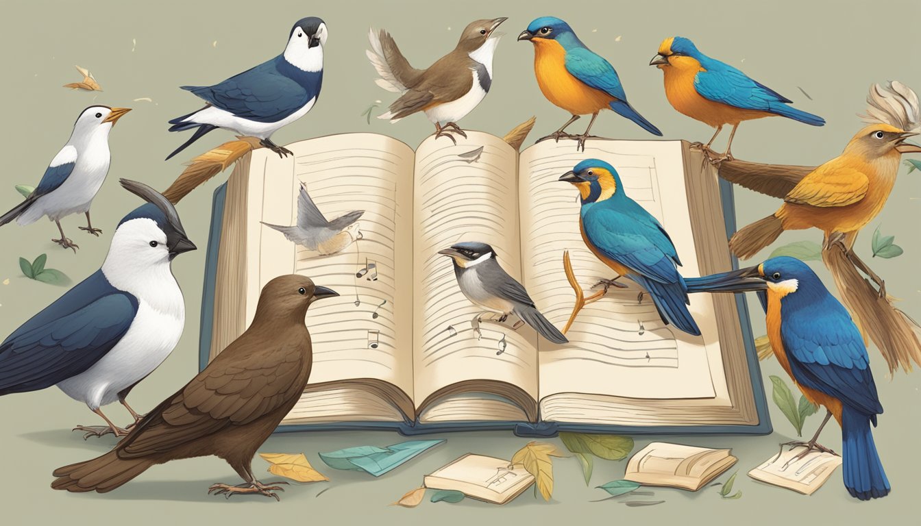 A diverse group of animals gathered around a large, open book with diagrams and musical notes, while a charismatic bird leads a discussion on vocal learning strategies