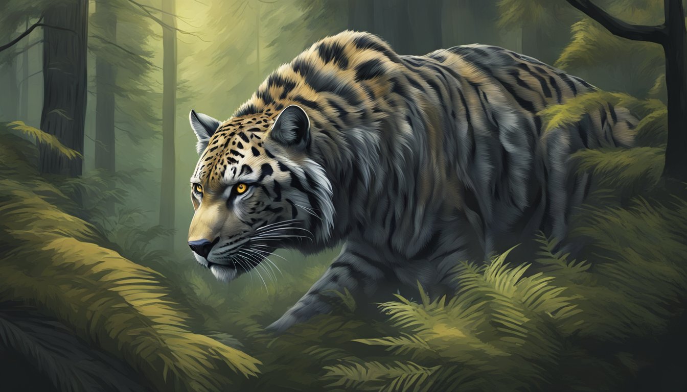 A lone predator silently stalks through the dense forest, eyes keen and ears alert, moving with deliberate precision