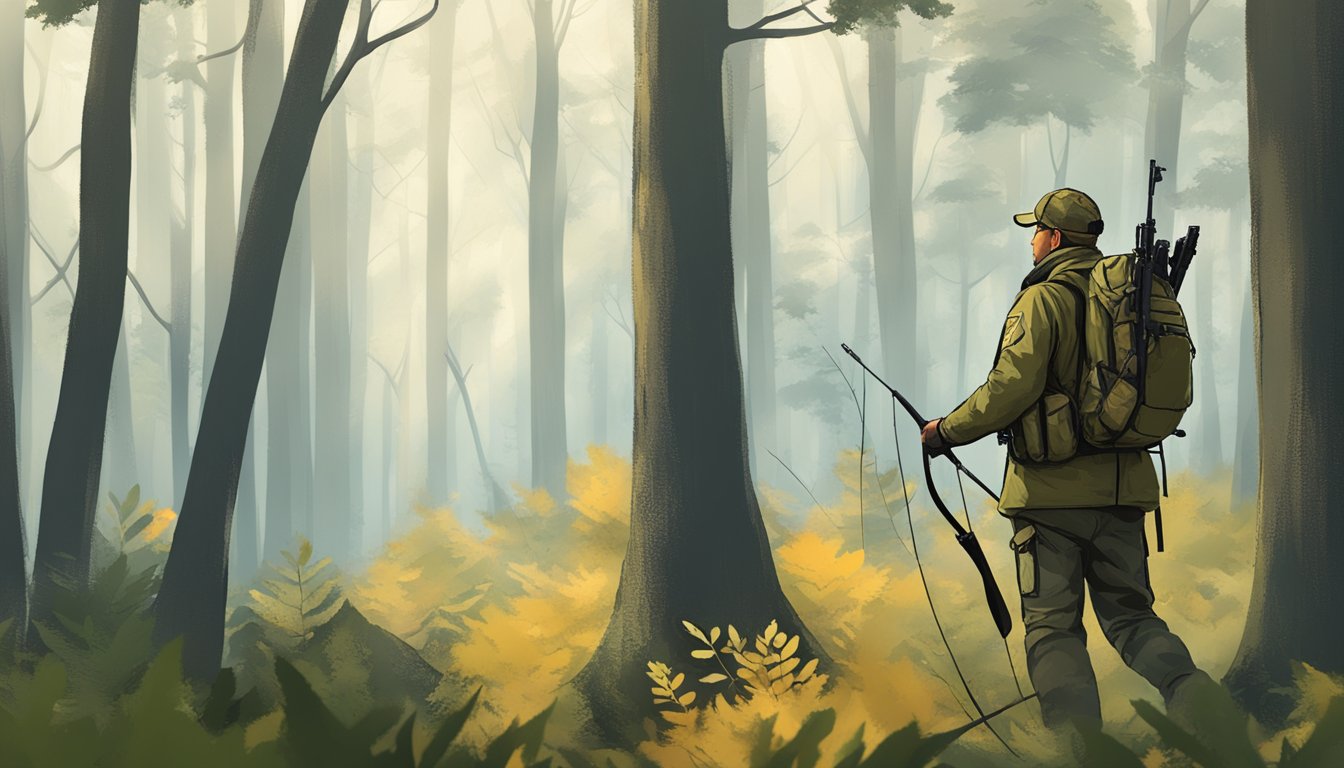 A hunter using scent control techniques to outsmart game in a dense forest, with strategically placed scent blockers and wind direction indicators