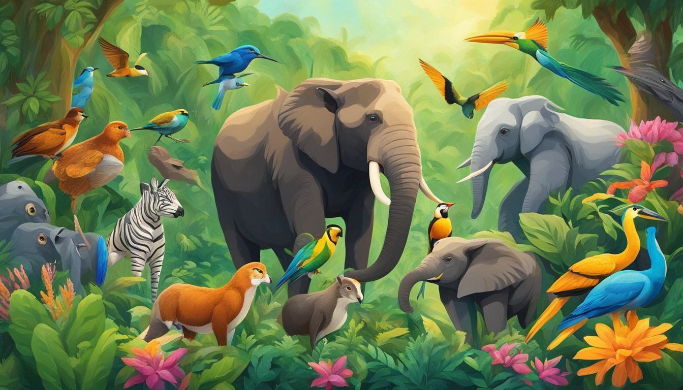 Various animals of different species gather in a lush, diverse environment, emitting a cacophony of vocalizations. The scene is teeming with life and vibrant colors, showcasing the interconnectedness of nature